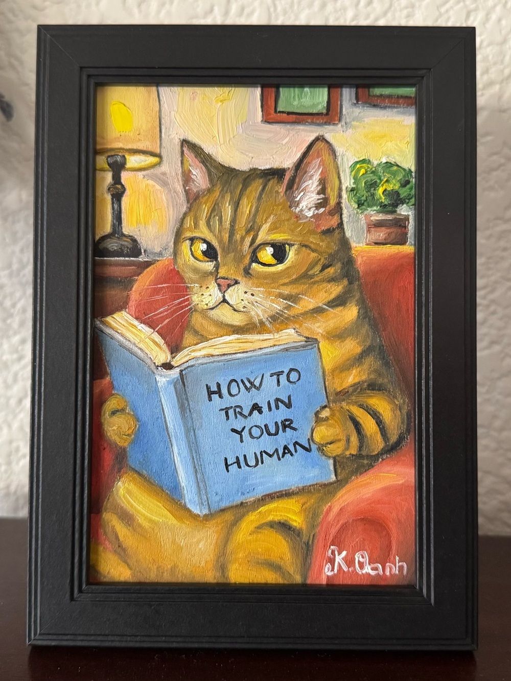 Original oil painting tabby cat reading book signed framed 4x6 inches